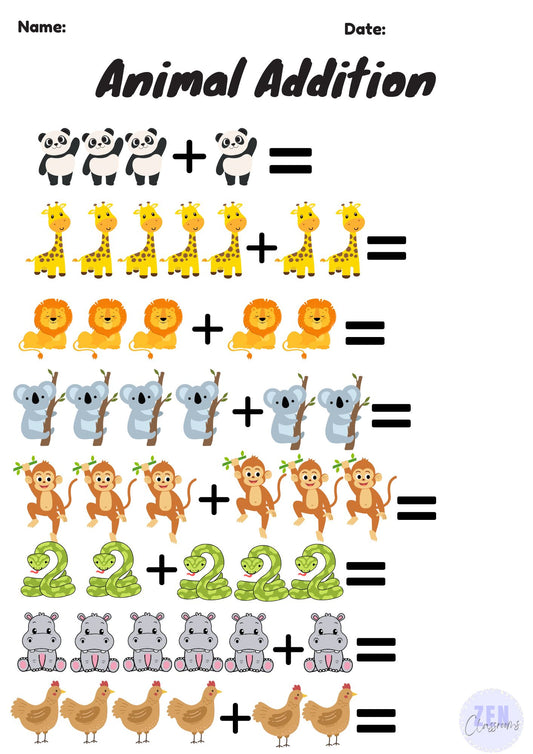 Animal Maths Addition Worksheet Digital Download